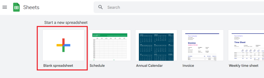 Plus box to create a new spreadsheet in Google Sheets