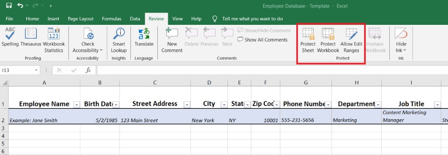 detail for protecting a workbook in Excel