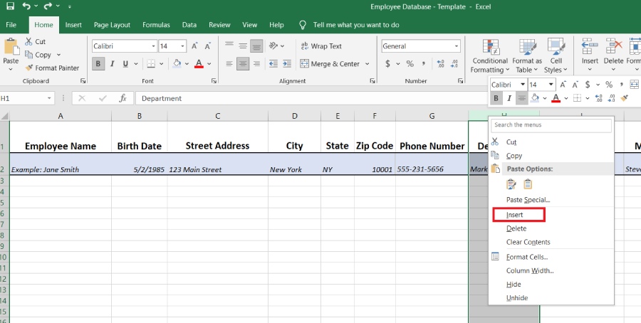 drop down to insert a column in an Excel spreadsheet