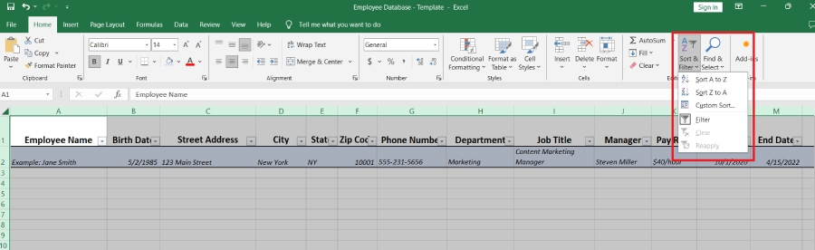 drop-down sort feature in an Excel spreadsheet