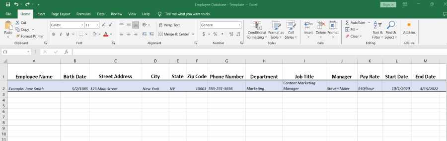 employee database spreadsheet in Excel with filled in columns and rows of data