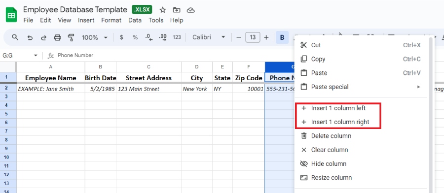 Google Sheets options to insert your column to the left or right.