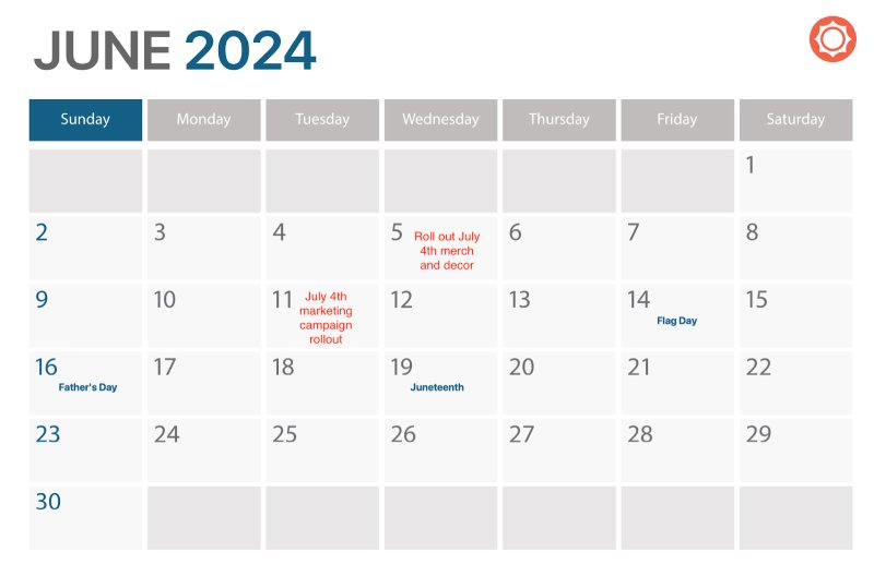 June 2024 calendar with cues to start rollouts for merch and decor and marketing campaign for July 4th marked in red