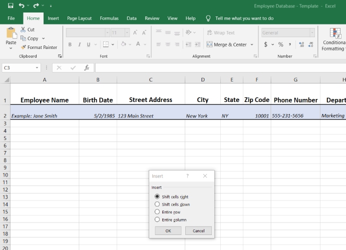 tool box in Excel to add cells, rows, or columns